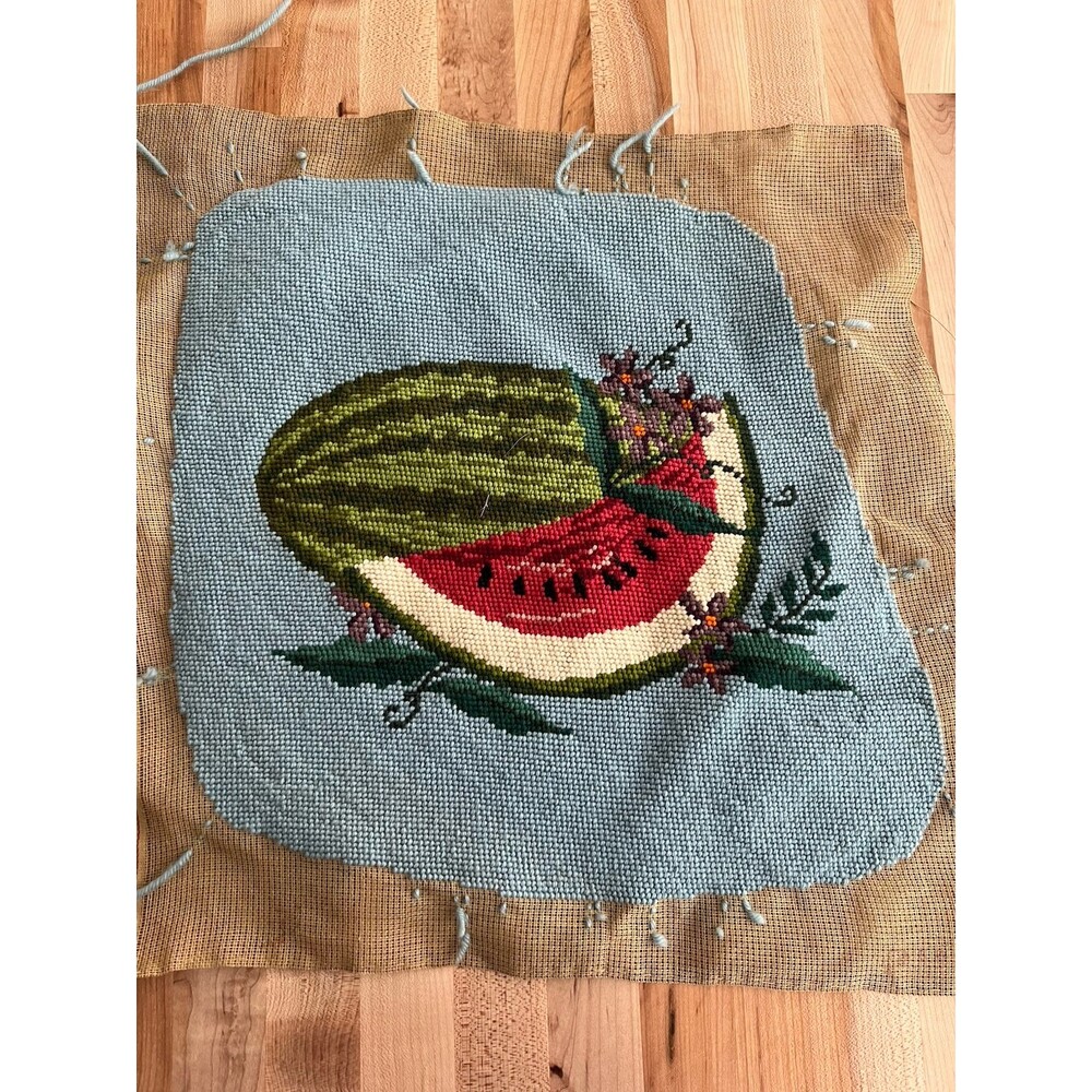 Vintage Needlepoint Set of 2 Watermelon Flowers Blue & Yellow Work in Progress - Picture 2 of 12
